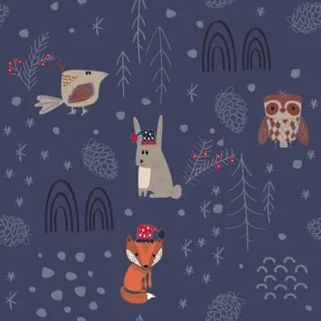 Winter forest background with animals and trees. Seamless pattern Illustrazione stock