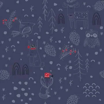 Winter forest background with animals and trees. Seamless pattern Stock Illustration
