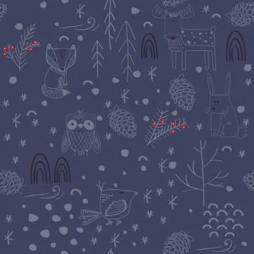 Winter forest background with animals and trees. Seamless pattern Stock Illustration