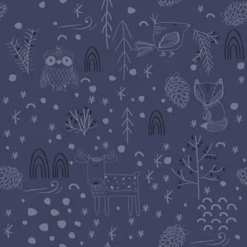 Winter forest background with animals and trees. Seamless pattern Stock Illustration