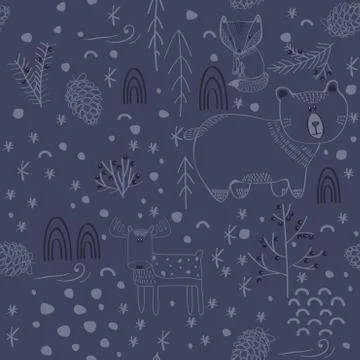 Winter forest background with animals and trees. Seamless pattern イラスト素材