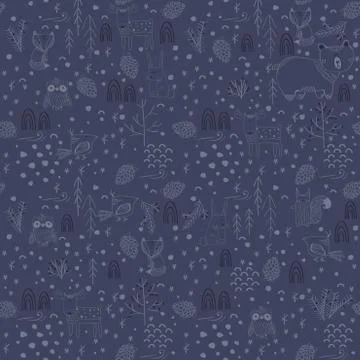 Winter forest background with animals and trees. Seamless pattern Stockillustratie