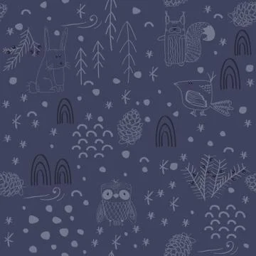Winter forest background with animals and trees. Seamless pattern Stock Illustration