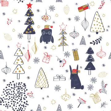 Winter forest background with animals and trees. Seamless pattern Stockillustratie