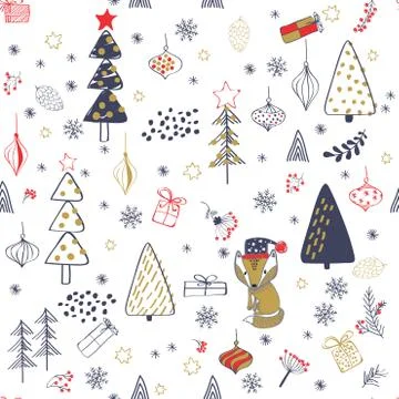 Winter forest background with animals and trees. Seamless pattern Illustrazione stock