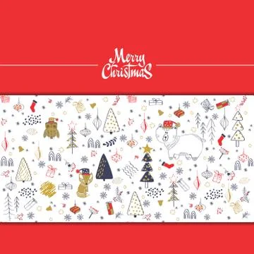 Winter forest background with animals and trees. Seamless pattern Stock Illustration