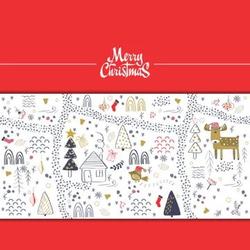 Winter forest background with animals and trees. Seamless pattern Illustrazione stock