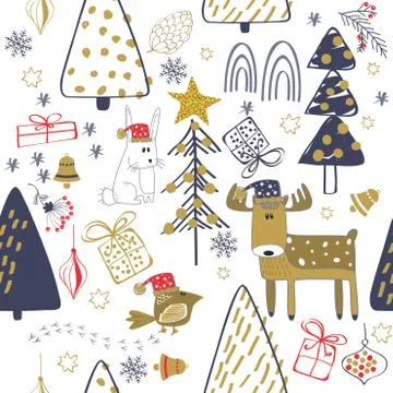 Winter forest background with animals and trees. Seamless pattern Stock Illustration