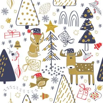 Winter forest background with animals and trees. Seamless pattern Stock Illustration
