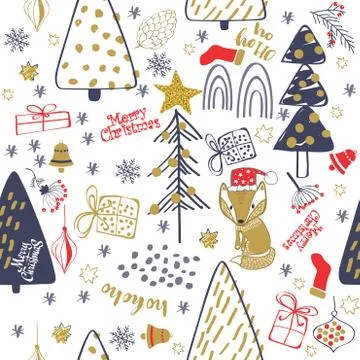 Winter forest background with animals and trees. Seamless pattern Stock Illustration