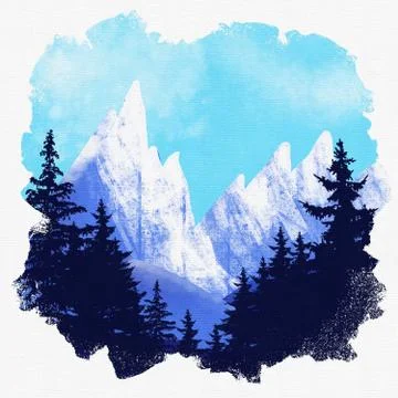 Winter forest background, mountain landscape. Christmas tree firs with blue s Ilustração Stock