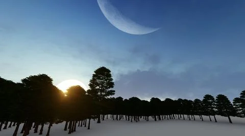Winter forest on a background of sunrise with the moon. 3D rendering Stock Illustration