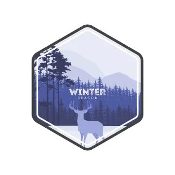 Winter forest deer label. Pine landscape, mountains covered with snow. The .. イラスト素材