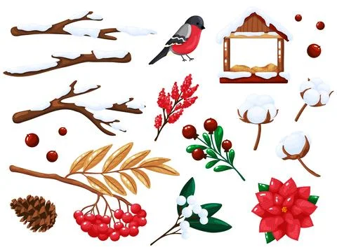Winter Forest Elements Collection on White Background 스톡 일러스트
