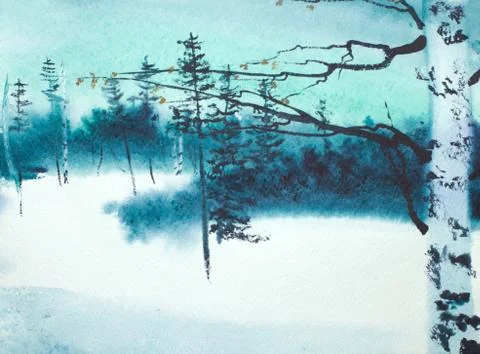 Winter forest in the emerald twilight Stock Illustration