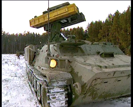 Winter. Forest. Field camp of the army. Anti-aircraft missile complex Tunguska Stock Footage 4886050