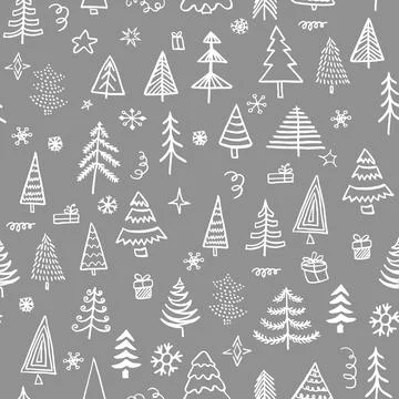 Winter forest hand drawn seamless pattern. New Year, Christmas, holidays gray Stock-Illustration