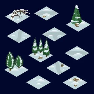 Winter forest isometric tile set with trees and bushes in snow Stock Illustration