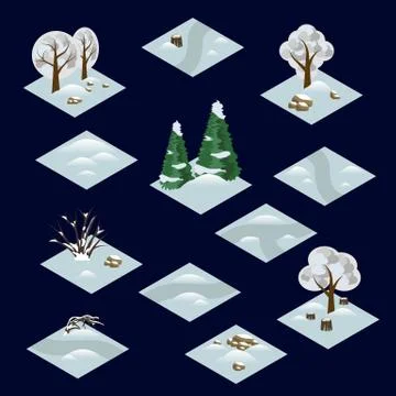 Winter forest isometric tile set with trees and bushes in snow Stock Illustration