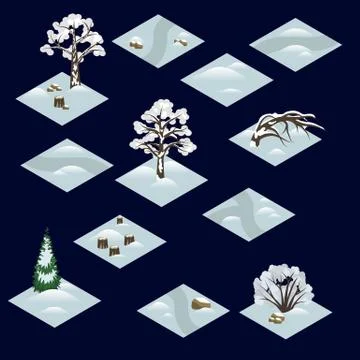 Winter forest isometric tile set with trees and bushes in snow Stock Illustration