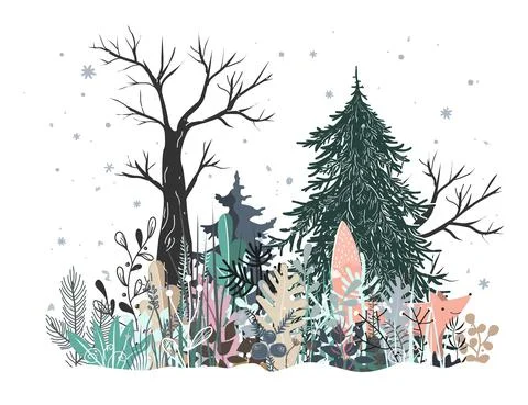 Winter Forest Landscape with curious fox, Pine, Fir tree, and grass. Vector Stock Illustration