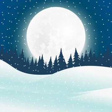 Winter forest landscape with full big moon at night Stock Illustration