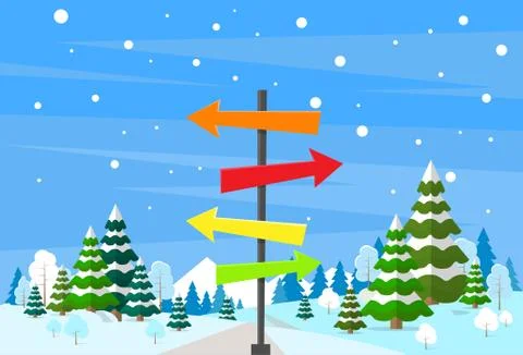 Winter Forest Landscape Sign Direction Way Signboard Arrow Christmas Background Stock Illustration