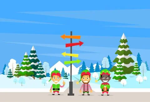 Winter Forest Landscape Sign Direction Way Signboard Arrow Christmas Background Stock Illustration