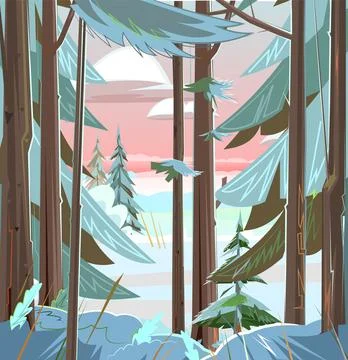 Winter forest landscape. The trunks of coniferous trees in the snow. Beautifu Stock Illustration