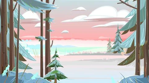 Winter forest landscape. The trunks of coniferous trees in the snow. Beautifu Stock Illustration