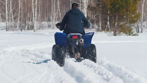 A winter forest. A man riding a big snowmobile. Back view Stock Footage 106875510