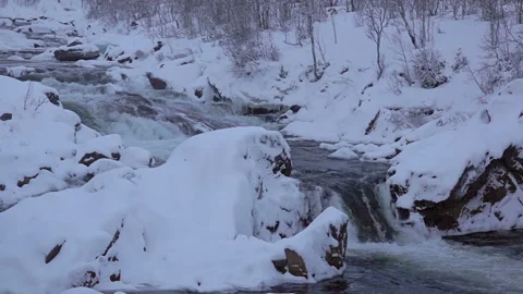 Winter Forest River at Dusk. Slow Motion and Seamless Loop Видео 106465356