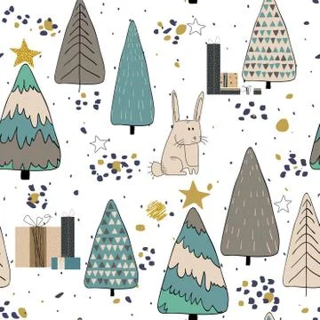 Winter Forest seamless pattern background. Scandinavian style. Illustrazione stock