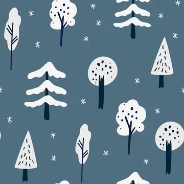 Winter forest seamless pattern. Christmas trees, snowflakes and trees. Winter Stock Illustration