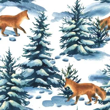 Winter forest seamless pattern with fox among snowy pines, created as a hand Stock Illustration