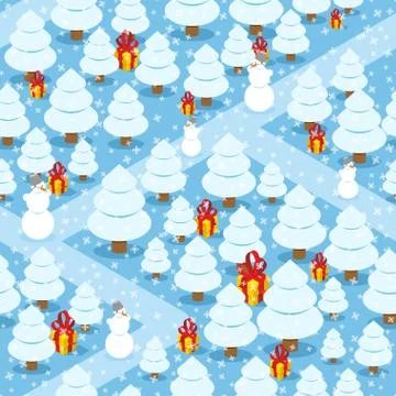 Winter forest seamless pattern. Gifts and Christmas tree. Many of gift boxes  Stock Illustration