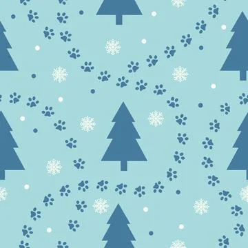 Winter forest seamless pattern with paws, spruce, snowflakes. Season landscape Stock Illustration