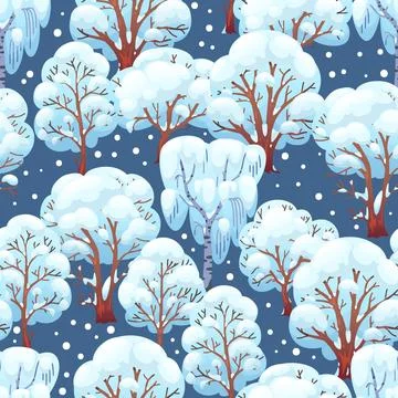 Winter forest seamless pattern. Repeated snow covered trees, cold season 스톡 일러스트