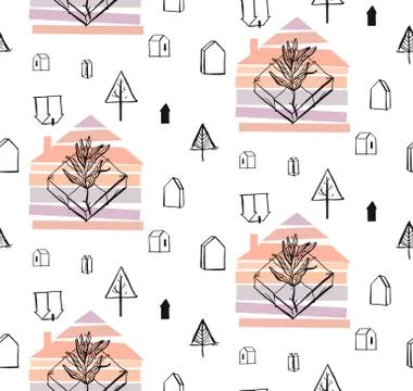 Winter forest - seamless vector pattern with trees, deer, houses, snowflakes Stock Illustration