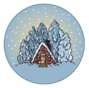 Winter forest snowing scene in a circle ball. Vector flat illustration Stock Illustration