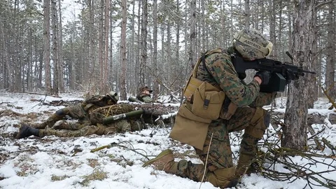 Winter forest. Soldier reported the situation by radio, takes MANPADS and aims Stock Footage 127629069