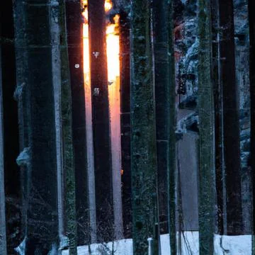 Winter forest, with sunset cutting through the trees, some birds flying in b Illustrazione stock