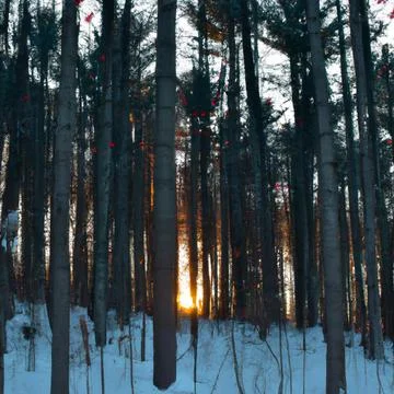 Winter forest, with sunset cutting through the trees, some birds flying in b Illustrazione stock