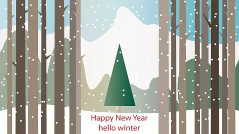 Winter forest, tree, snowfall. Background with the words happy n Stock Illustration