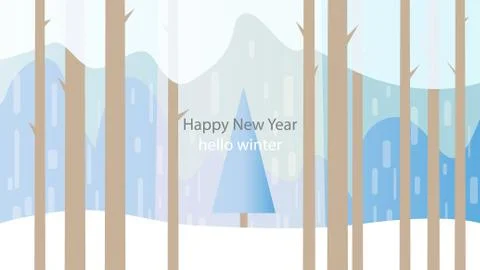 Winter forest, tree, snowfall. Background with the words happy n Stock Illustration