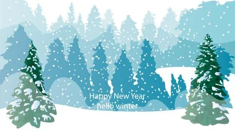 Winter forest, tree, snowfall. Background with the words happy n Stock Illustration