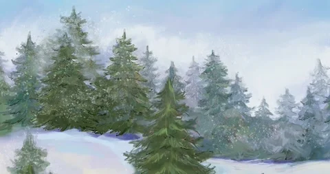 Winter forest trees background 4k video falling snow symbol 2021, illustration l Stock Footage 143722939