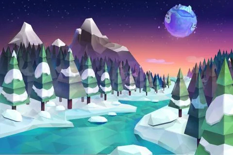 Winter forest, vector background low poly style Stock Illustration