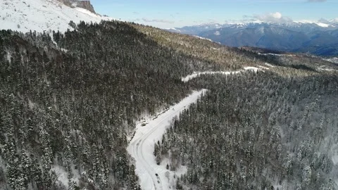 Winter forest, white snow, mountains and a road, aerial view Stock Footage 147991479