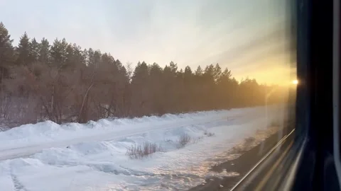 Winter forest window view from train on railway Stock Footage 270068458